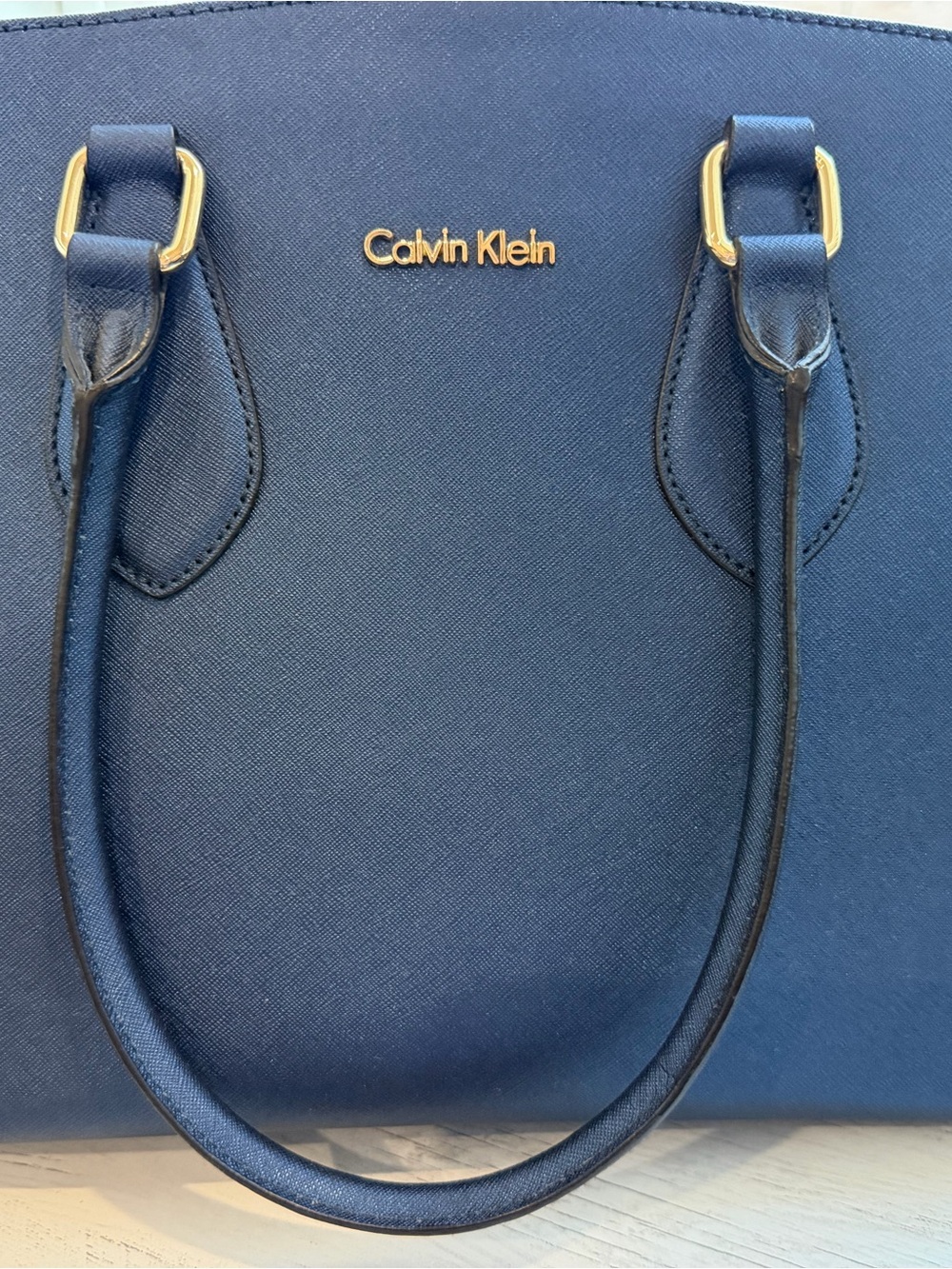 Calvin Klein Blue Saffiano Shoulder Bag with Gold Hardware